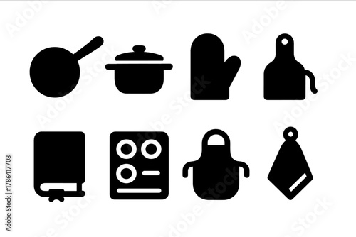 Home Cooking Icons. Home cooking. Filled icon set of home cooking: frying pan, saucepan, oven mitt, spatula,