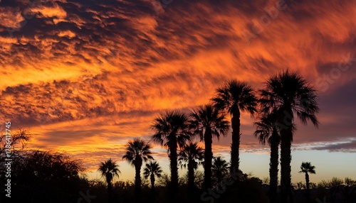 Palm Trees Are Silhouetted Against A Dramatic Orange Sunset With Mammatus Clouds