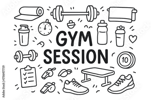Gym Equipment Doodle. Gym Session. Hand-drawn doodle illustration of Gym Session. dumbbell, barbell, mat,