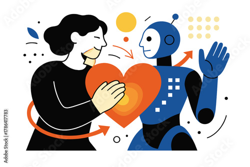 Harmony in Innovation. Future of caregiving. Abstract composition of human and robot silhouettes intertwined