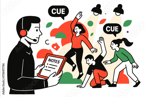 Stage Management Rehearsal. Rehearsal monitoring. Stage manager with headset and tablet reviewing notes,