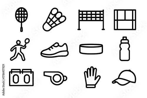 Badminton Icon Set. Playing badminton. Line outline icon set of playing badminton: badminton racket,