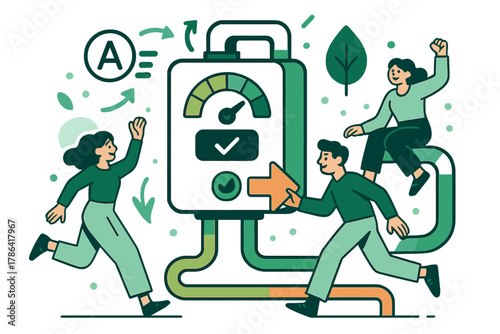 Eco-Friendly Boiler Design. Energy efficiency scheme. Boiler with eco-friendly indicators, leaf icon, and