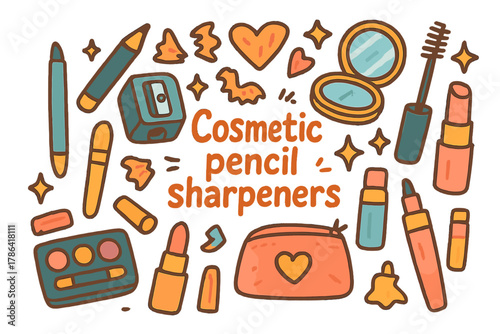 Colorful Cosmetic Doodles. Cosmetic pencil sharpeners. Hand-drawn doodle illustration of cosmetic pencil