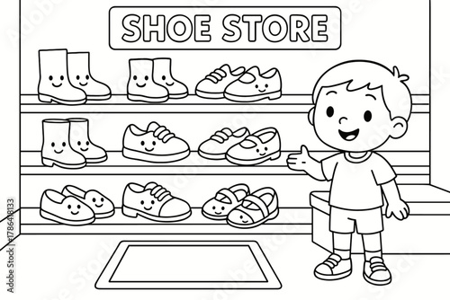 Smiling Shoes. Shoe store children?s coloring book illustration, outlined drawing, cartoon shop with shelves