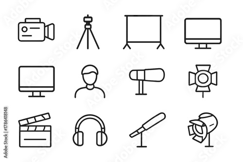 Digital Filming Icons. Digital filming. Line outline icon set of digital filming: camera, tripod, green screen