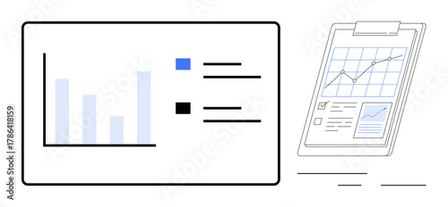 Bar graph on a screen alongside clipboard with line chart and documentation. Ideal for data analysis, business goals, planning, strategy, performance review, reporting, simple flat metaphor