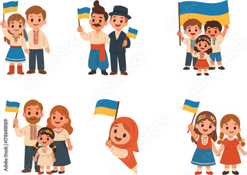 Collection of happy people and children dressed in traditional Ukrainian clothing, waving blue and yellow flags in a joyful celebration.