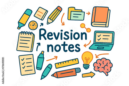 Colorful Revision Doodles. Revision notes. Hand-drawn doodle illustration of Revision notes. Notebook,