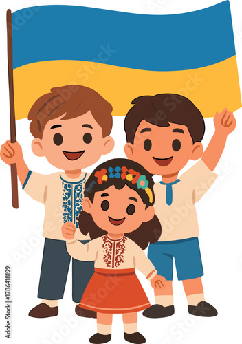 Three happy children in traditional Ukrainian clothing proudly holding and waving a large blue and yellow flag.