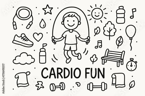 Cardio Fun Doodle. Cardio Fun. Hand-drawn doodle illustration of Cardio Fun. In the middle, one slightly