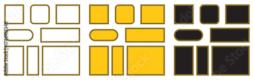 Caution frame set in yellow and black. Warning tape frames in square, rectangle, and rounded shapes. Safety warning label templates and attention border collection. Vector illustration.