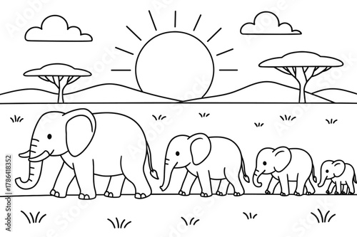 Elephants at Sunset. Savannah sunset children?s coloring book illustration, outlined drawing, herd of