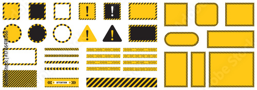 Collection of yellow and black caution frames. Warning borders, and attention label templates. Industrial sign, construction safety posters or alert symbol. Warning round and square banner sign icons.
