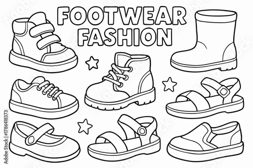 Kids' Shoe Coloring. Footwear fashion children?s coloring book illustration, outlined drawing, cheerful