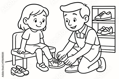 Shoe Fitting Fun. Shoe fitting children?s coloring book illustration, outlined drawing, child trying on shoes