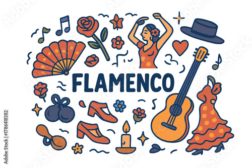 Flamenco Celebration Doodle. Flamenco. Hand-drawn doodle illustration of flamenco. Fan, guitar, dancer, dress,