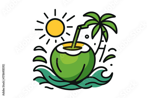 Coconut Refreshment Vibes. Coconut paradise. A glowing coconut with straw, surrounded by stylized waves, sun,