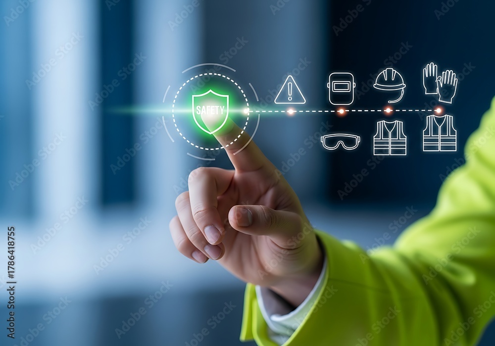Fototapeta premium Worker in high visibility jacket touching a futuristic holographic interface displaying safety icons for construction and industry