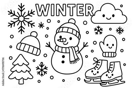 Winter Cartoon Design. winter, educational design for kids, clear bold lines, simple shapes, minimal shading,