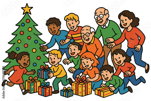 Happy diverse family and friends gathered around a decorated christmas tree with presents