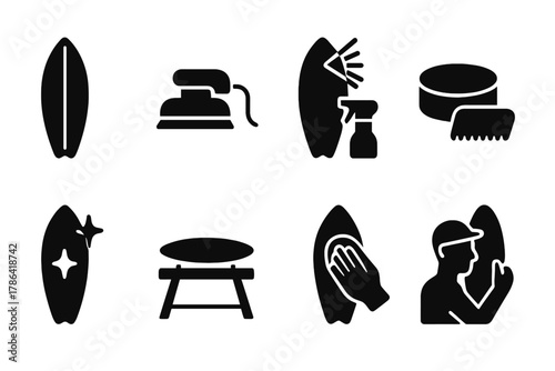 Surfboard Finishing Icons. Surfboard finishing. Filled icon set of surfboard finishing: polished surfboard,