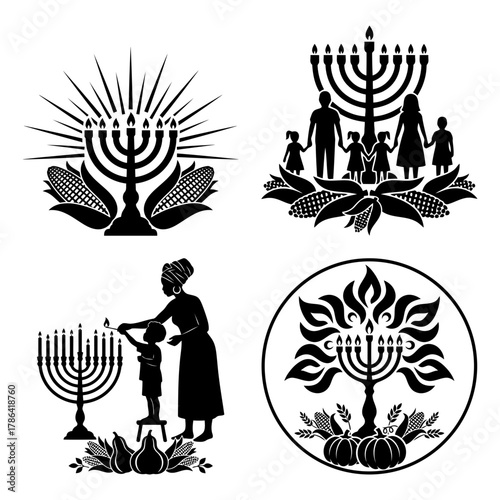 Kwanzaa Harvest Mazao Mkeka Zawadi Outline Vector Set