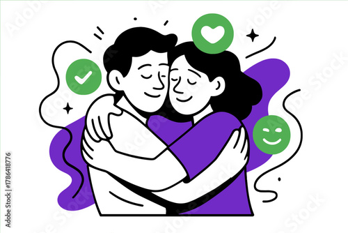 Emotional Reunion. Emotional embrace. Two friends hold each other tightly, abstract flowing lines and soft