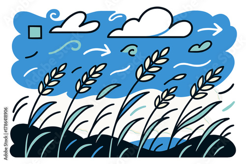 Glowing Wheat Plains. Windy plains. Stylized glowing wheat stalks bending rhythmically, abstract cloud shapes