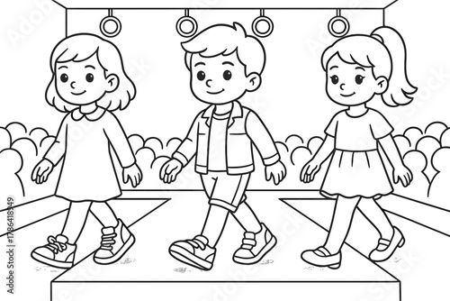 Kids' Fashion Runway. Fashion runway shoes children?s coloring book illustration, outlined drawing, models