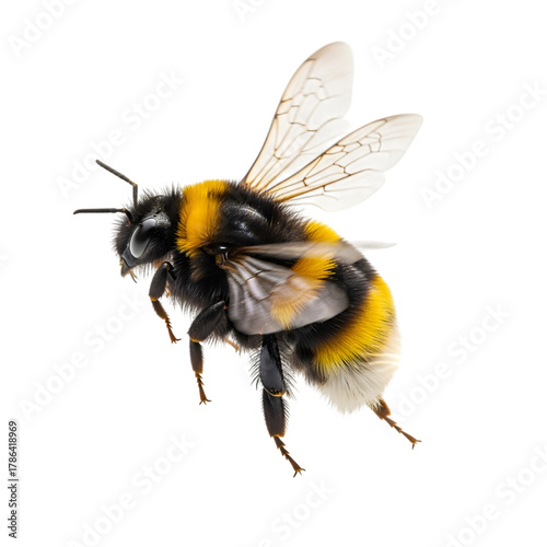 Close up of a fuzzy bumblebee flying isolated on transparent background