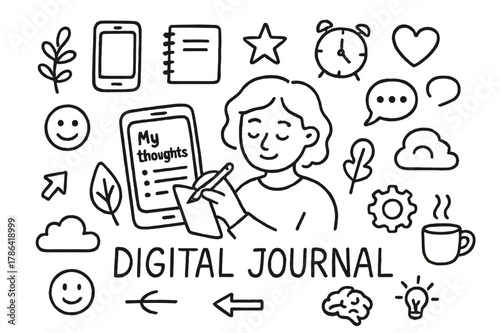 Digital Journaling Doodles. Digital journaling. Hand-drawn doodle illustration of digital journaling. In the