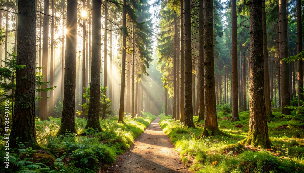 Fototapeta premium Sunlight filtering through tall trees illuminating forest path