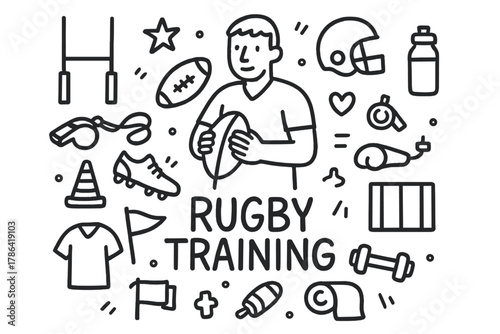 Rugby Training Doodles. Rugby Training. Hand-drawn doodle illustration of Rugby Training. In the middle, one