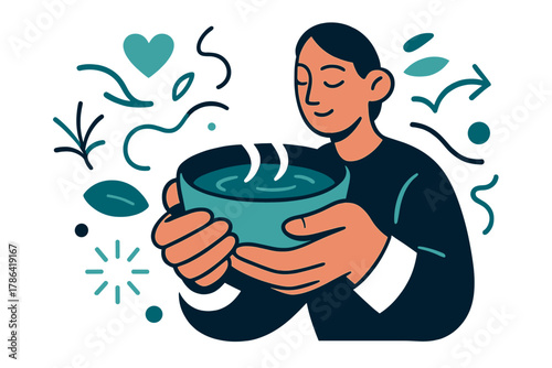 Mindful Warmth. Mindful lunch. Close-up of hands holding a warm bowl of soup or tea with soft glowing steam