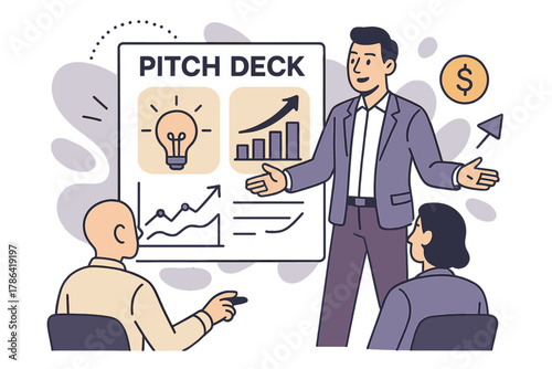 Innovative Pitch Presentation. Pitch Deck Presentation. A confident entrepreneur presents slides to investors;