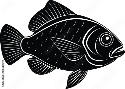 Black silhouette of a fish with detailed fins on a white background