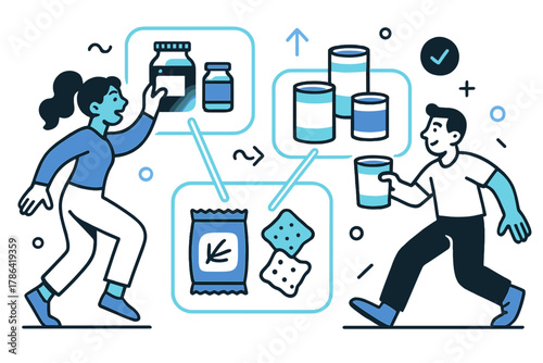 Organized Jar Arrangement. Sorting categories. Jars, cans, and snacks being grouped into categories, glowing