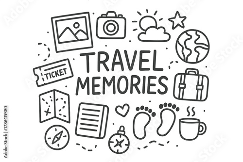 Travel Memories Doodle. Travel Memories. Hand-drawn doodle illustration of Travel Memories. photo, camera,