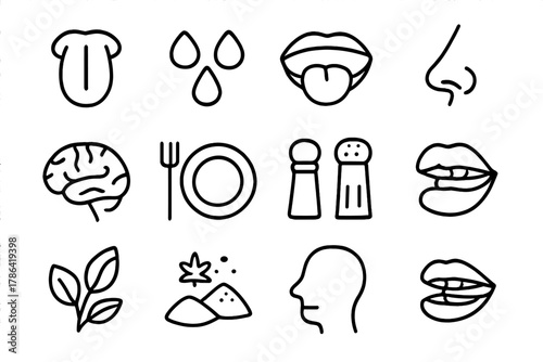 Sensory Flavor Icons. Food flavors. Line outline icon set of food flavors: tongue, taste buds, flavor droplets