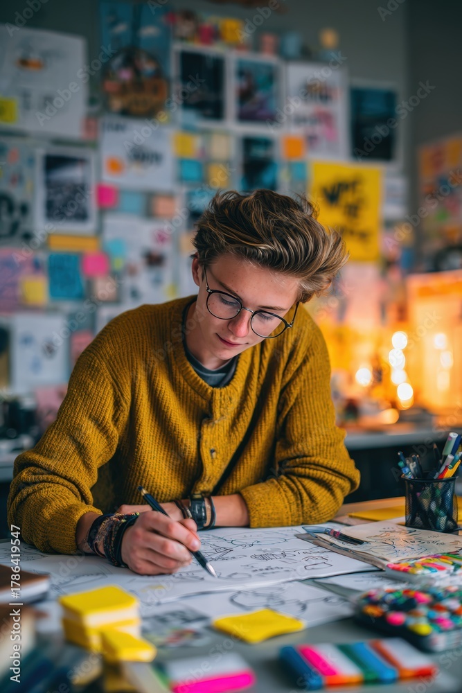 Fototapeta premium Creative Student Drawing Diagrams in Notebook Amid Study Materials