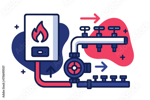 Mechanical System Diagram. Boiler with Pump and Manifold. A mechanical diagram featuring a pump, manifold, and