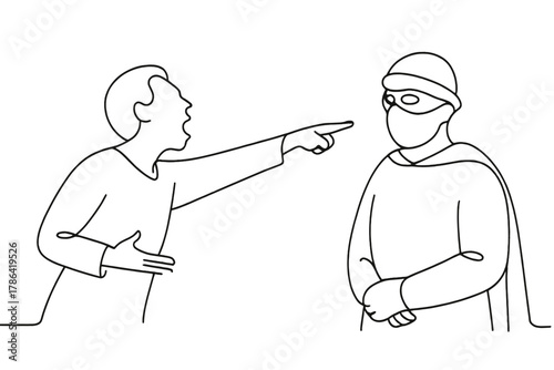 Dramatic Accusation. Reveal Moment. Minimalistic one-line drawing person dramatically pointing at ?culprit? in