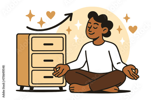 Calm Routine Harmony. Daily routine calm. Person sitting peacefully near organized drawers; soft glow and