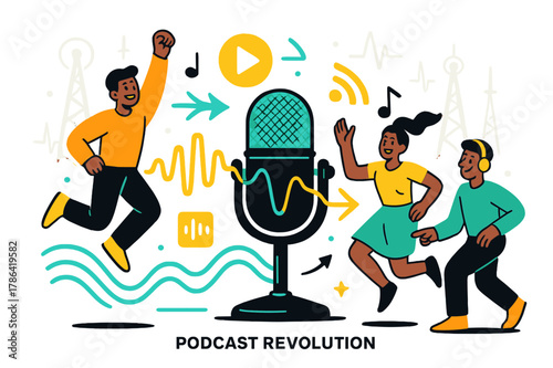Podcasting Evolution. Podcast revolution. A microphone connected to glowing digital waves, traditional radio