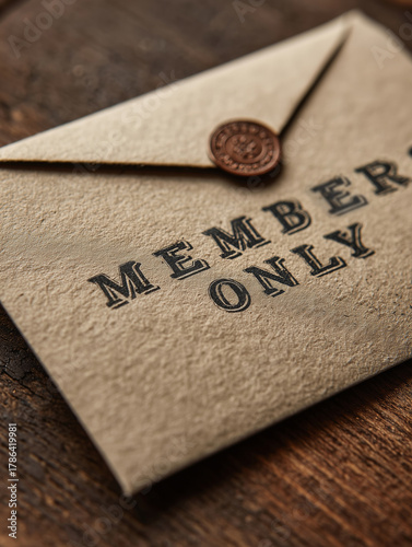 Exclusive envelope for members only resting on rustic wooden surface