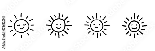 Smiling Sun Faces Line Icon Set In Doodle Style. Cheerful Weather, Happiness, And Positivity Symbols Outline Sketch Collection. Hand Drawn Isolated Vector Illustration