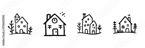 Charming House Line Icon Set In Doodle Style. Residential Architecture And Home Design Outline Sketch Collection. Cozy Living And Real Estate Concepts. Hand Drawn Isolated Vector Illustration