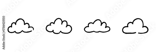 Four Cloud Line Icons In Doodle Style. Weather Forecasting And Atmospheric Conditions Outline Sketch Collection. Hand Drawn Isolated Vector Illustration