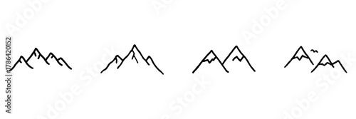 Mountain Peaks Line Icon Set In Doodle Style. Nature Exploration, Adventure, And Outdoor Activities Outline Sketch Collection. Hand Drawn Isolated Vector Illustration
